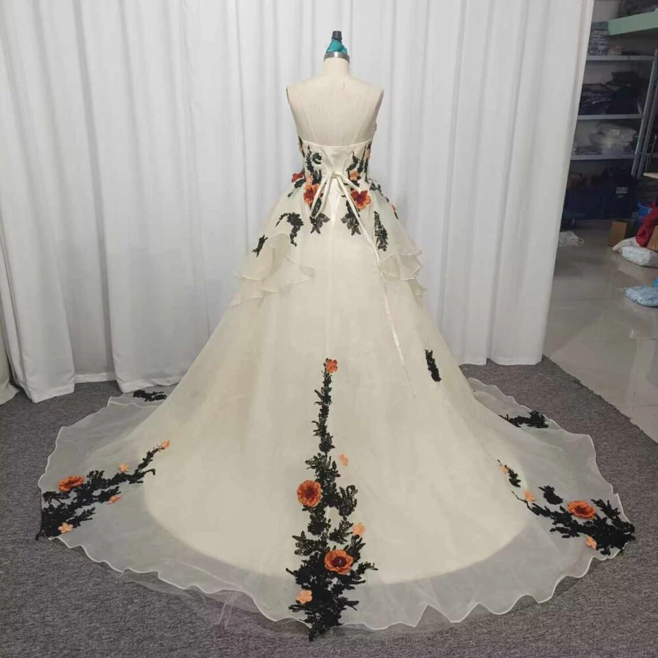 Vinatge Champagne Wedding Dresses V Neck 3D Florals Tiered A Line Bridal Gowns - Image 4 of 4