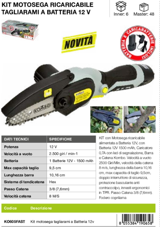Motosega Portatile per Potatura a Batteria da 1500mAh 12V con Caricabatteria-658