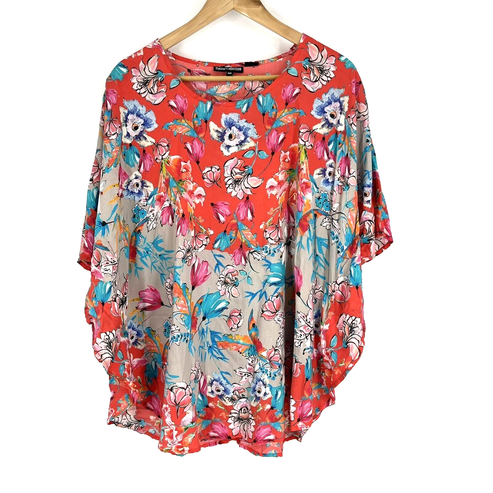 Tolani Collection Blouse Size Medium Petite Red Poncho Tunic Top Floral Artsy