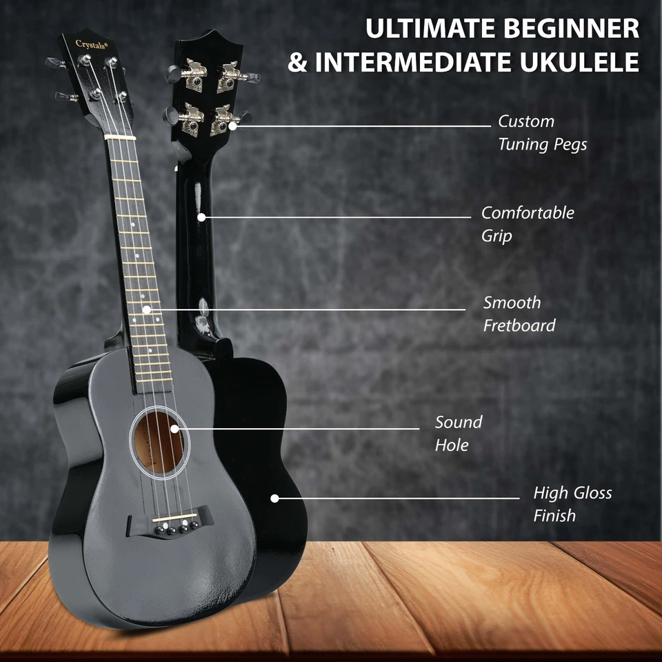 23" Concert Beginners Ukulele with Felt Pick & Spare Strings – Black - Image 2 of 4