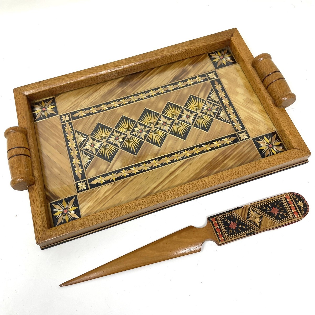 Marquetry Tramp Art Letter Tray Glass Geometric Matchstick Wood
