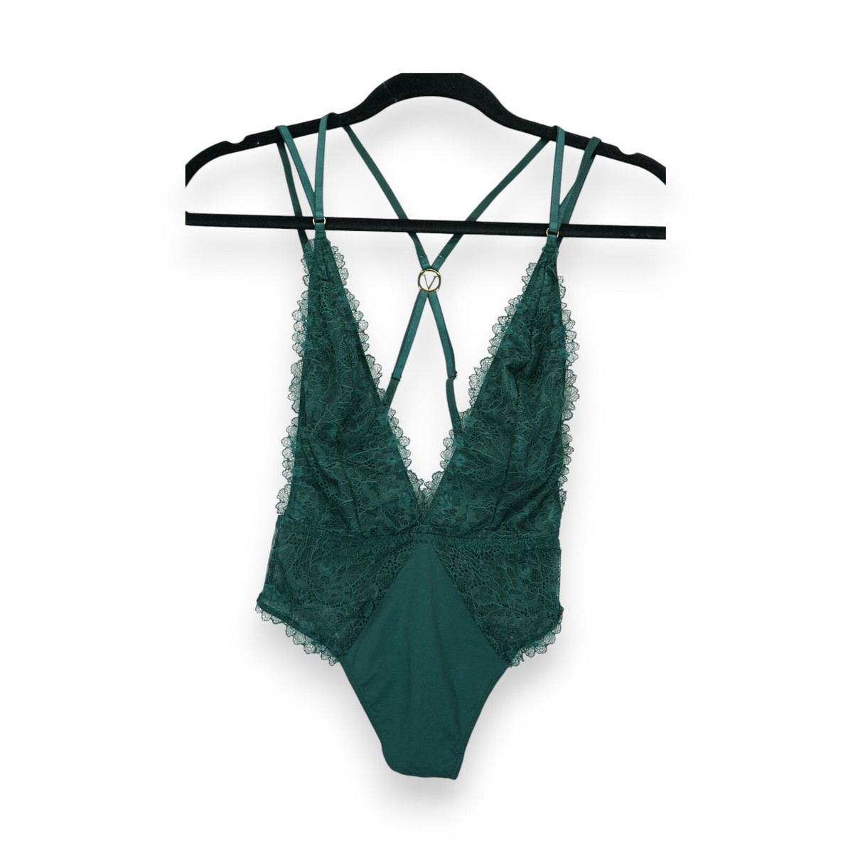 NWT Victoria's Secret Dark Green Lace And Mesh Strappy Teddy Size