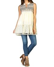 Velzera Lace & Fringe Embroidered Sleeveless Dress Beige