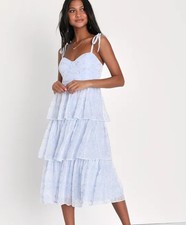NWT Lulus Vineyard Visit Midi Dress Womens L Blue Embroidered Tie-Strap Tiered