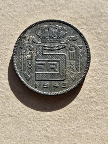 1943 Belgium 5 Francs Coin - Leopold III - Picture 2 of 3