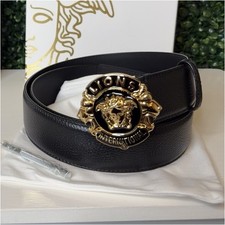 Versace Black Adjustable Dress Belt with Gold Logo Buckle for Men