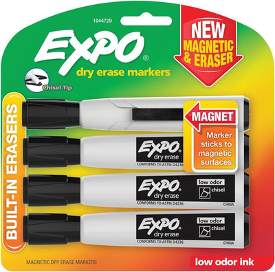 Expo Magnetic Dry Erase Markers with Eraser, Chisel Tip, Black, 4 Count