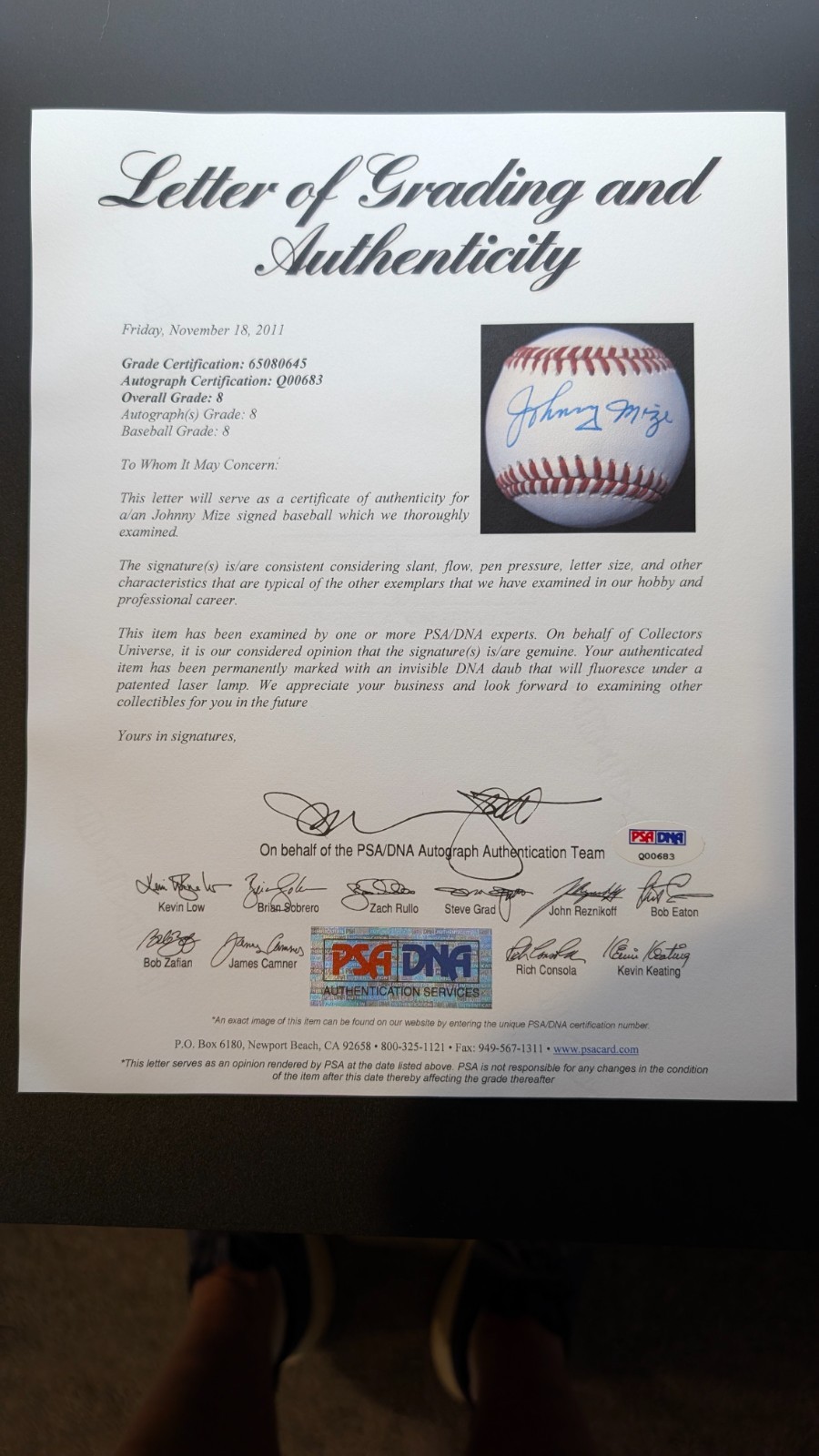 Johnny Mize PSA DNA Certified & Graded Auto Baseball ROAL Cardinal HOF NM-MT8 view 2