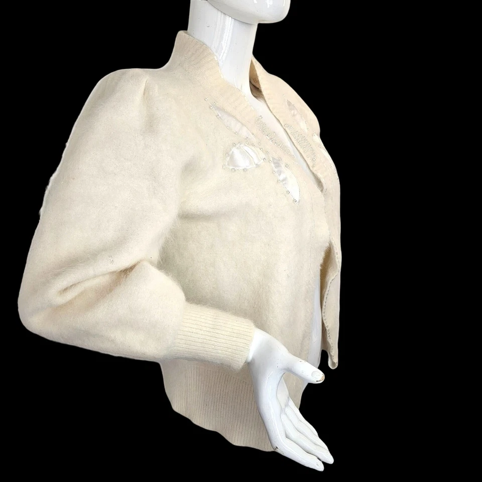 Positive Image 70-80s Angora Cardigan Sweater Sz M Beaded Satin Appliqué White - Image 2 of 4