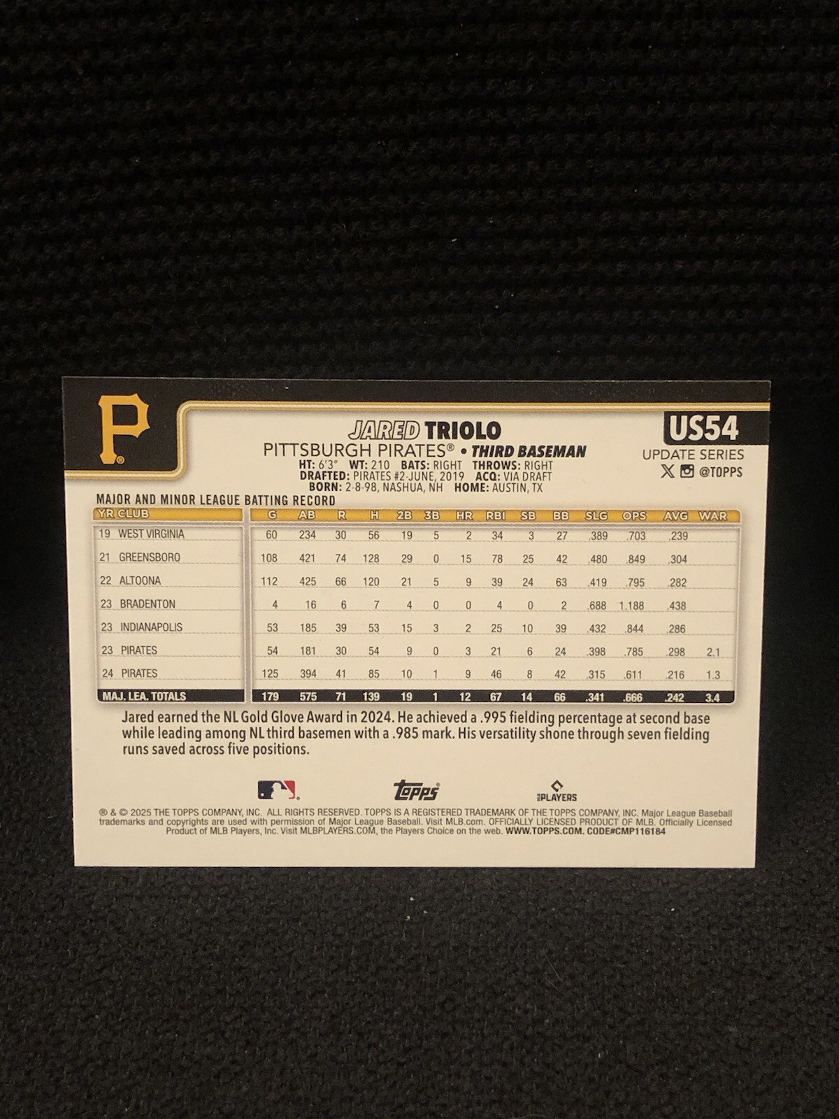 2025 Topps Update Jared Triolo #US54 Black and Orange Foil