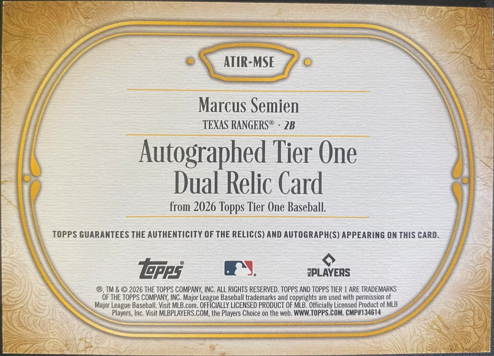 2026 Topps Tier One Marcus Semien Dual Game-Used Relic Auto /99 AT1R-MSE view 2