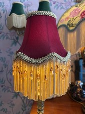 Lizzie - 6” Clip On Handmade Victorian Velvet Fringed Lampshade - Red Gold Beads