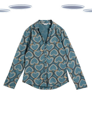 Ex White Stuff Women's Shirt - Long Sleeve Anne Heart Printed Jersey Blue