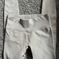 Womens High Waist Ribbed Seamless Leggings Beige Taupe Yoga Lounge Size M