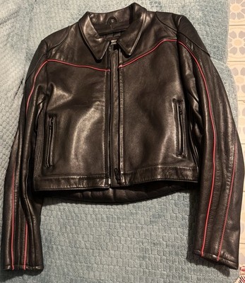 Steinmark Black Biker Jacket Red Piping Quilted Lining Zip Short Women Size 12