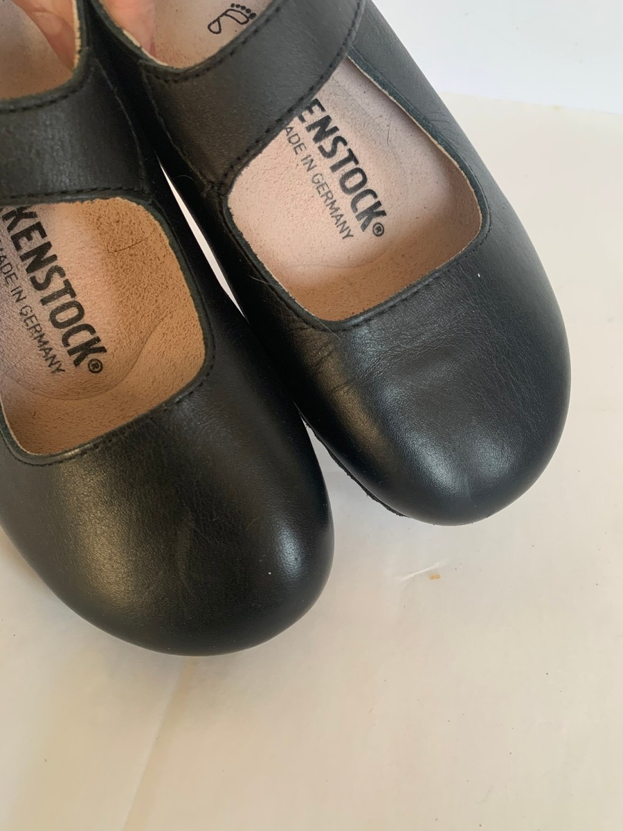 Birkenstock Tracy Black Leather Mary Jane Flats Angled Strap