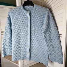 Vtg 60s Baby Blue Knit Cardigan Sweater Scallop Hem Pearl Buttons MEASUREMENTS