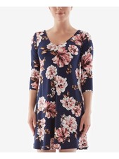 BCX DRESS Womens Shift Short Dress Navy 3/4 Sleeve V Neck Evening Juniors L