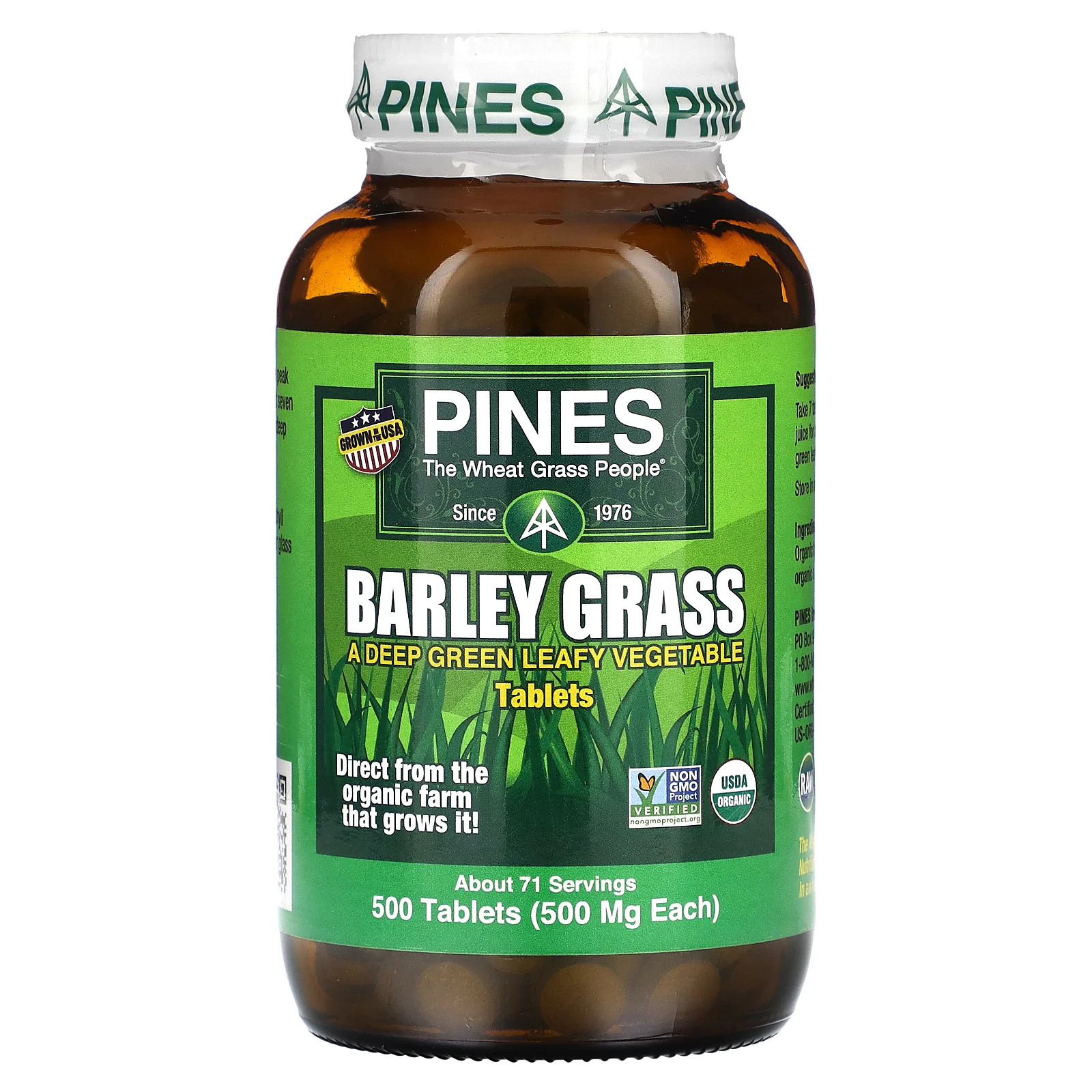 Pines International Barley Grass 500 таблеток без глютена, без ГМО, органические, сырые