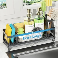 Extra Large Sink Caddy Organizer with Drying Stone Black Sponge Holder for Ki...