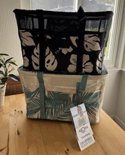 S/2 Aloha Collection CleverMade Collapsible Beach Tote Bag Black  Teal 