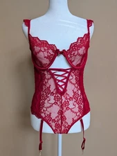 Seven'til  Midnight Red Lace Chemise Heart Floral Print Bustier Sz.L  Lingerie  