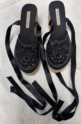 Black Pierre Dumas Wedge Sandals with Sequin Detailing and Ankle-Wrap Straps 10