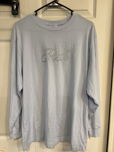 Victoria’s Secret PINK Sz M Rhinestone BLING LOGO Powder Blue Long Sleeve Tee