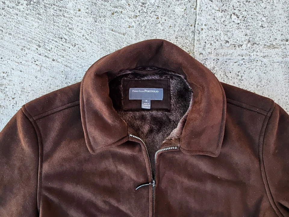 Perry Ellis Portfolio Men Jacket Faux Fur Brown Suede Coat Size M $250 - Image 4 of 4