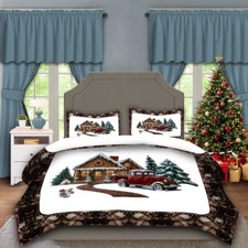Rustic Christmas Cabin Bedding Set, Red Truck Snow Scene Duvet Cover Set