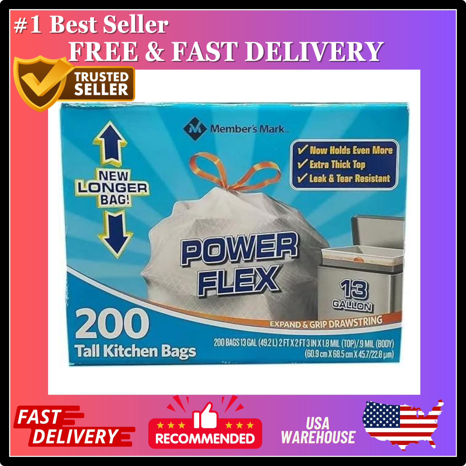 Member's Mark Power Flex Tall Kitchen Drawstring Trash Bags 13 Gallon, 2 Rolls