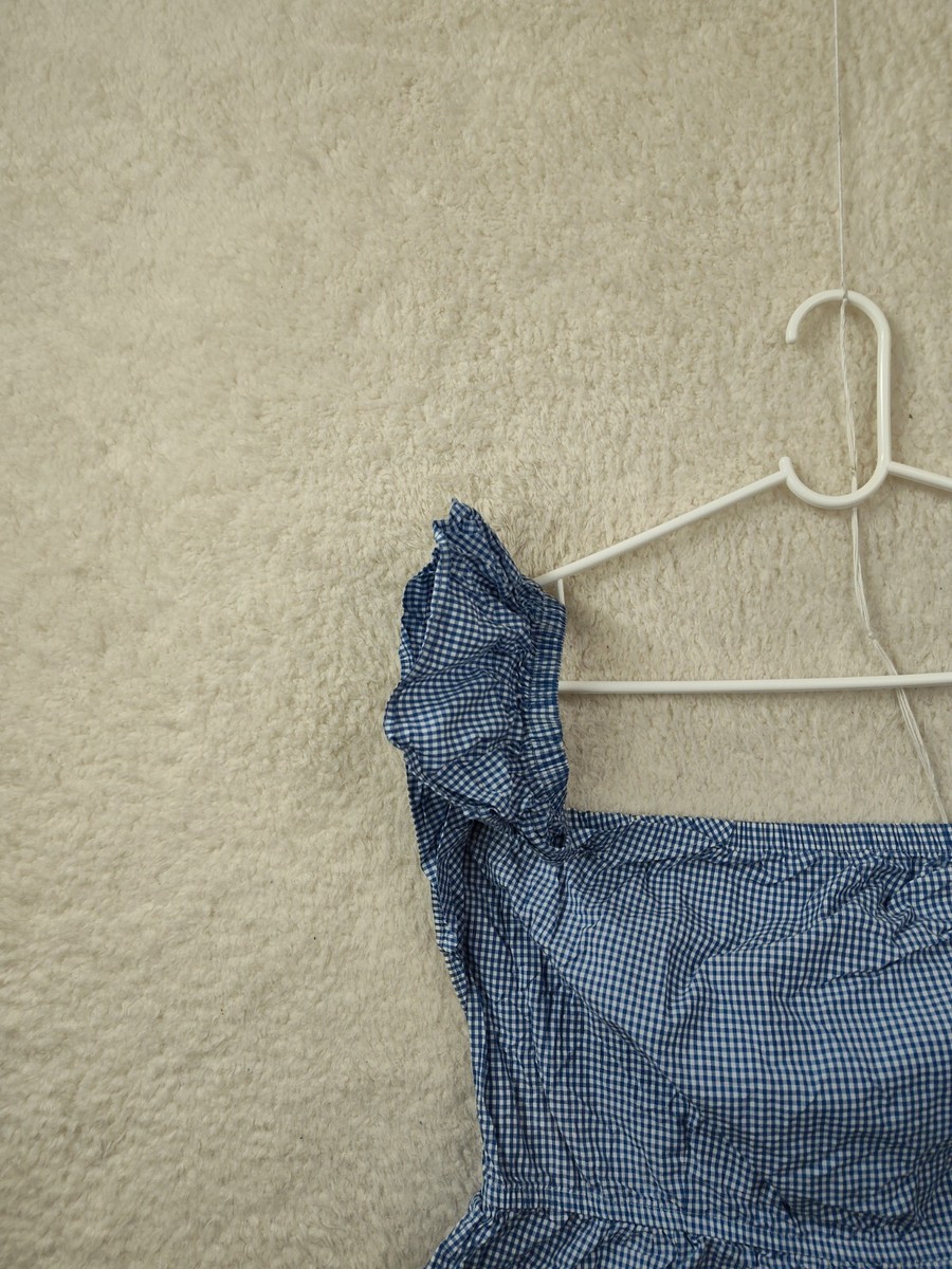 H M Women Top 12 Blue Gingham 100% Cotton Flared Sleeve Square