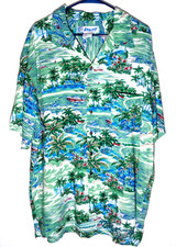 Hawaiian Button Shirt  Blue Teal Palms Beaches  Rayon Mens XL