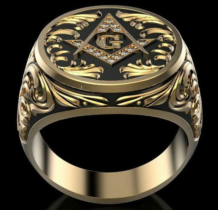 Anillo para hombre masónico argentium plata circonita cúbica esmalte negro amarillo rodio Foto 2 de 4