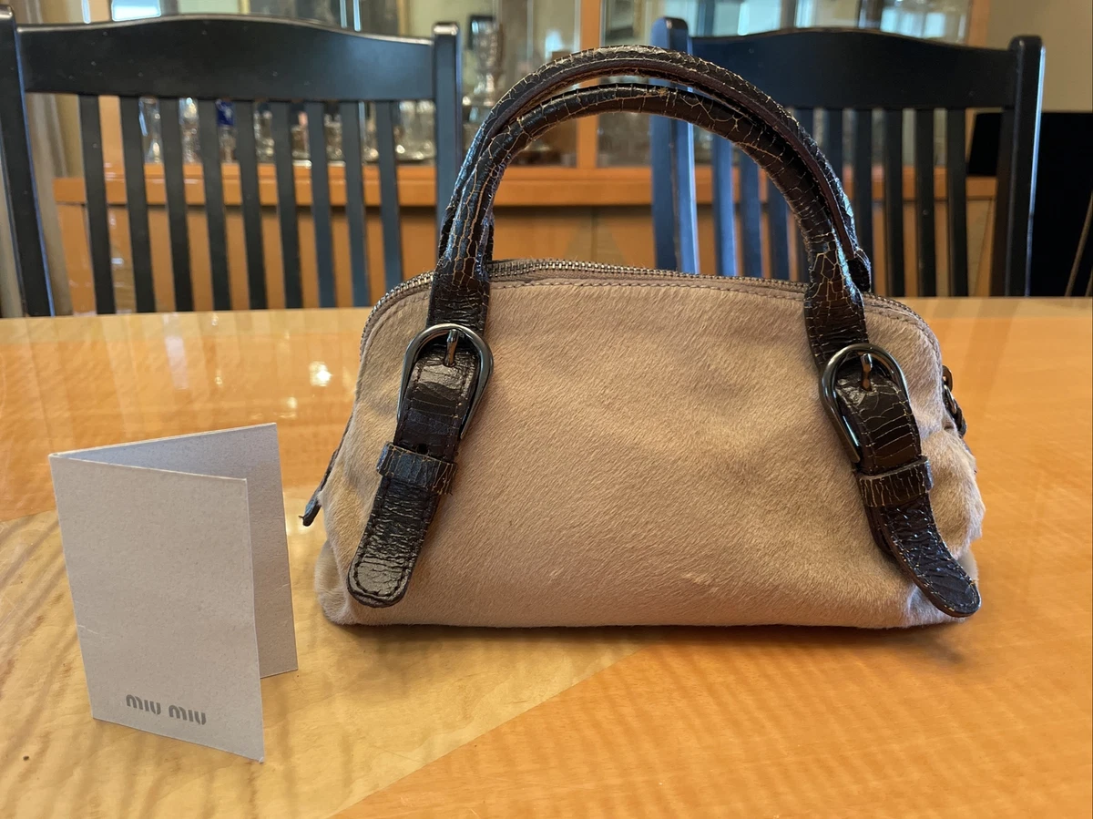 MIU MIU by Prada Small Calf Fur & Crackled Leather Bag Beige