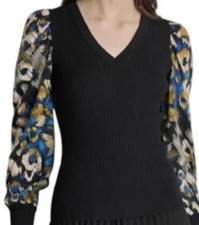 DKNY Women  s Top Sweater Black Ribbed Bodice Knit V-Neck Pullover Size XL New 