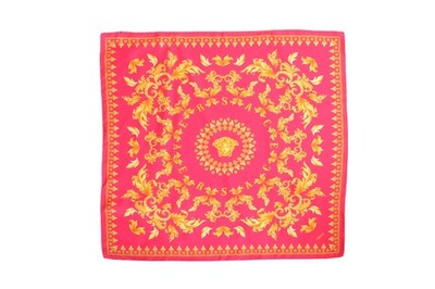 Versace Raspberry & Gold Versace Signature Print 100% Silk Shawl Scarf Bandana