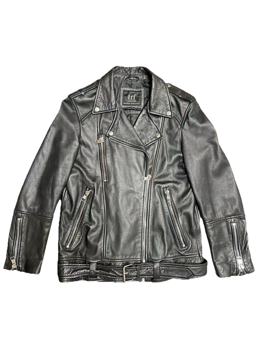Zara trf sheep leather jacket womens Small black moto-handpicked