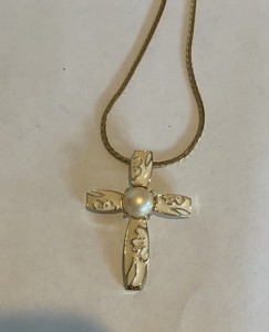 Vintage Ivory/White/Gold Cross With Faux Pearl & 24inch Gold Tone Chain - No Box