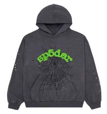 Sp5der Gray Hoodie Green Logo Web Graphic Pullover Fleece Size XL