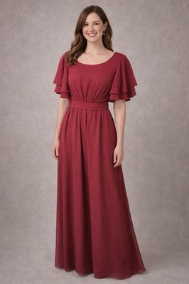 Bridesmaid Dress Size 0 Burgundy Chiffon Flutter Sleeve Long Formal Wedding Gown