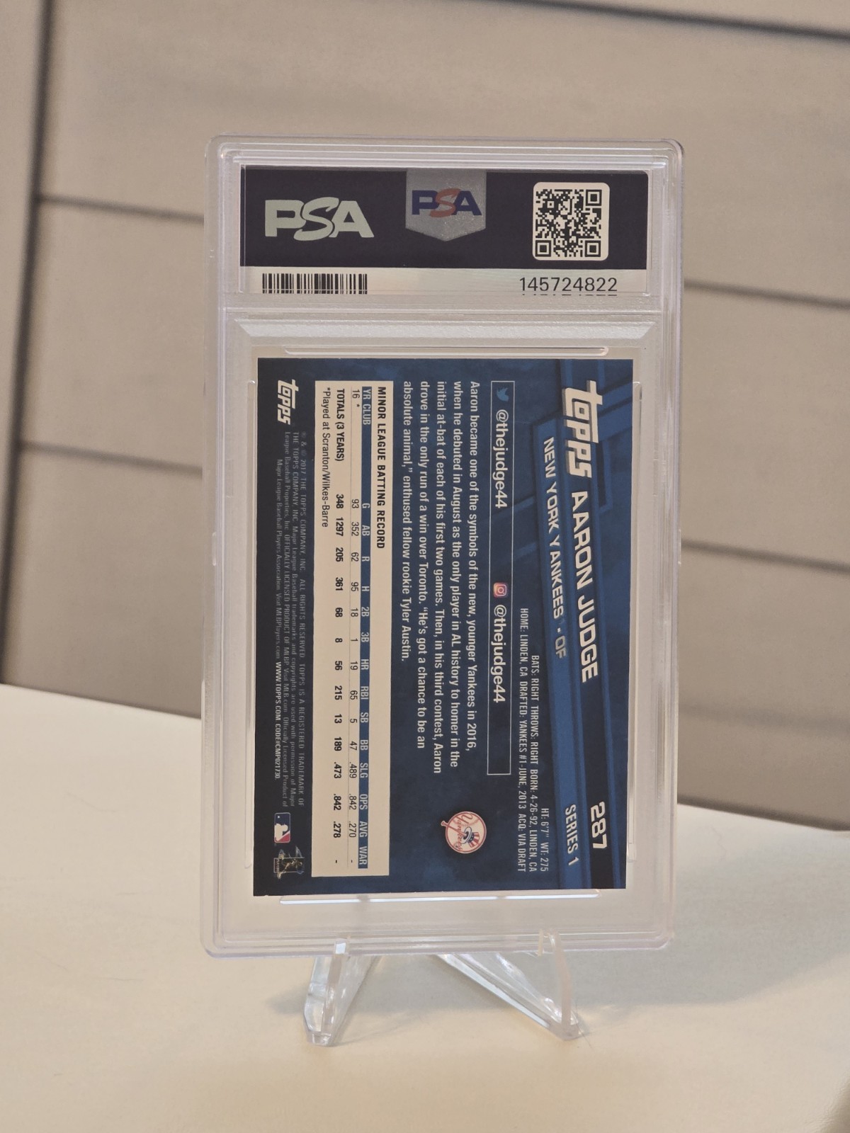 2017 Topps AARON JUDGE RC #287 PSA 10 Gem Mint Rookie Yankees view 2