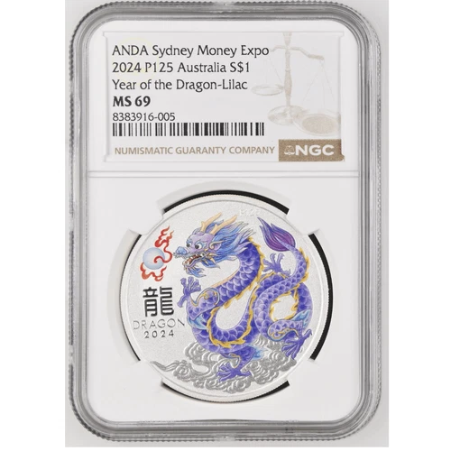 2024 Australia ANDA Lunar Year of the Dragon 1 oz Silver Lilac Coin NGC MS 69