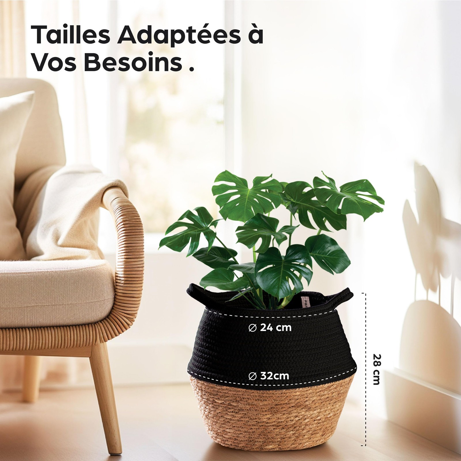 Panier osier en jonc de mer grand format cache-pot tressé plante