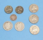Silver Coins Washington & Barber Quarters Barber Dime & Jefferson War Nickel Lot
