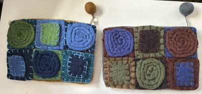 Rising Tide (2) Wool Zip Pouch Clutch Accessory Bag Handmade Floral Pom Pom NWOT
