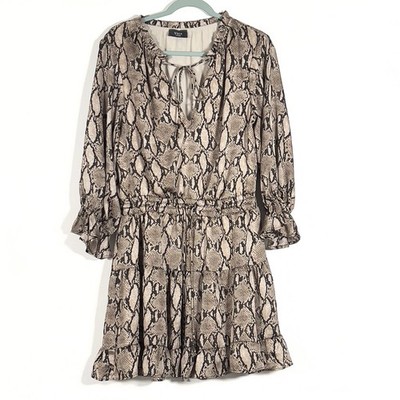 VICI Tiered Mini Dress Womens Sz L Snake Print V-Neck Ruffled 3/4 Sleeve