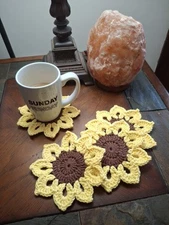 Sunflower COASTERS Crocheted 100% Cotton Set Of 4 NEW Mug Rugs Handmade