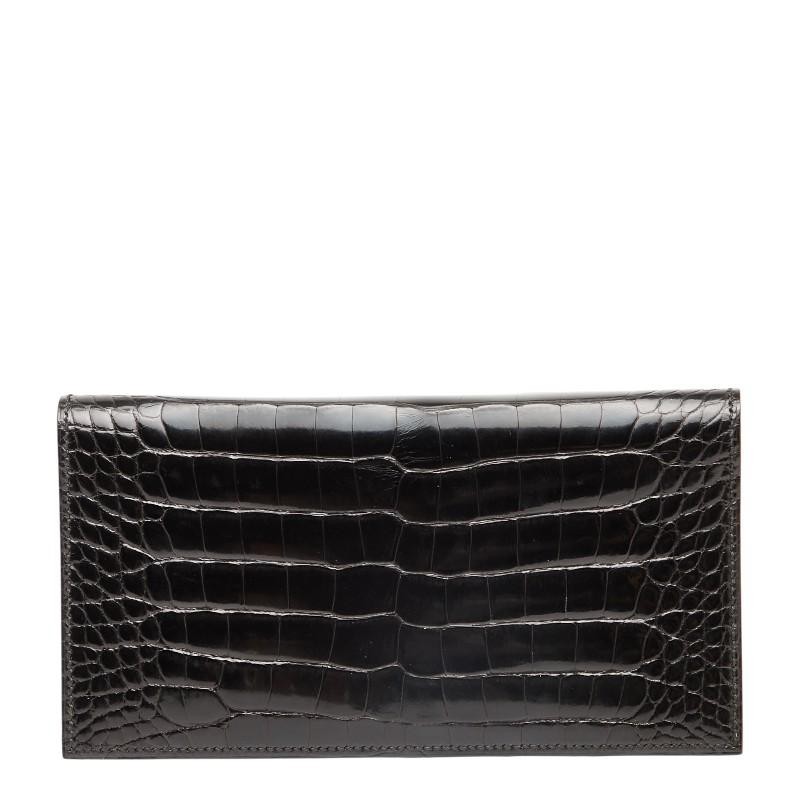 Hermes MC2 Fleming Long Wallet Black Alligator Leather Ladies Used