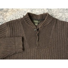 Vtg Eddie Bauer Fisherman Henley Sweater Mens L Brown Chunky Cable Knit Cotton